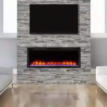 Modern stone fireplace with flames