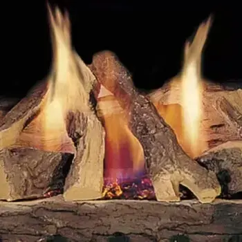 Fireplace logs burning brightly flames