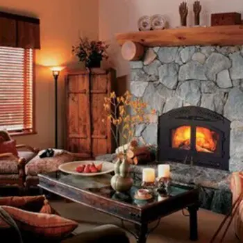 Cozy living room stone fireplace