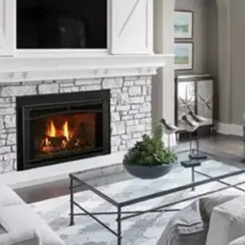 Cozy living room stone fireplace