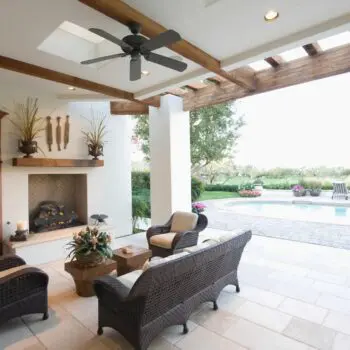 Outdoor patio fireplace seating area