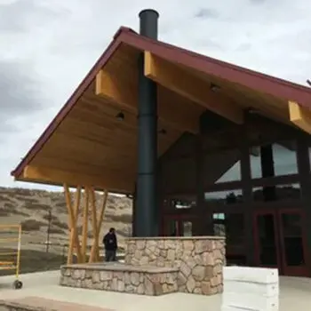 Wooden building with stone fireplace