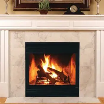 Elegant marble fireplace with fire