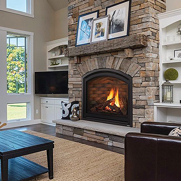 Cozy living room stone fireplace
