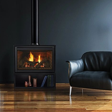 Modern fireplace beside black chair