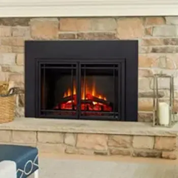 Stone fireplace with burning fire