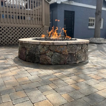 Stone fire pit with flames
