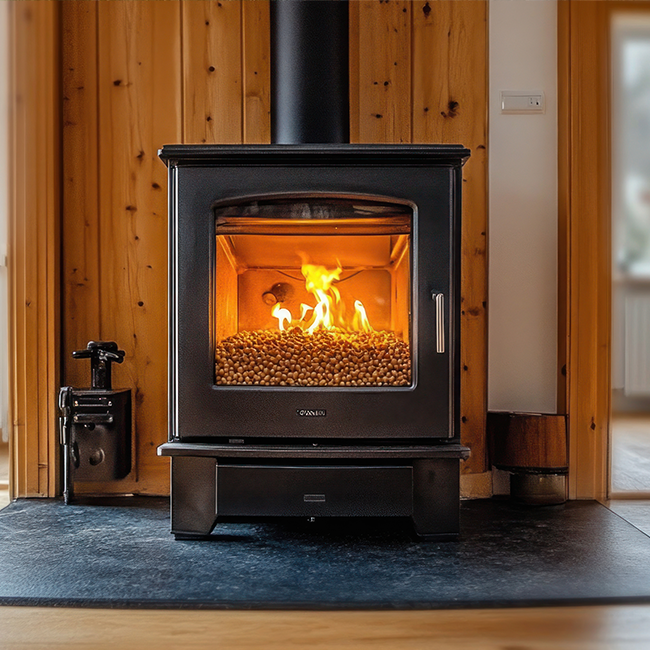 Wood stove burning with fire