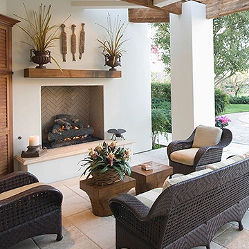 Outdoor patio with fireplace setup